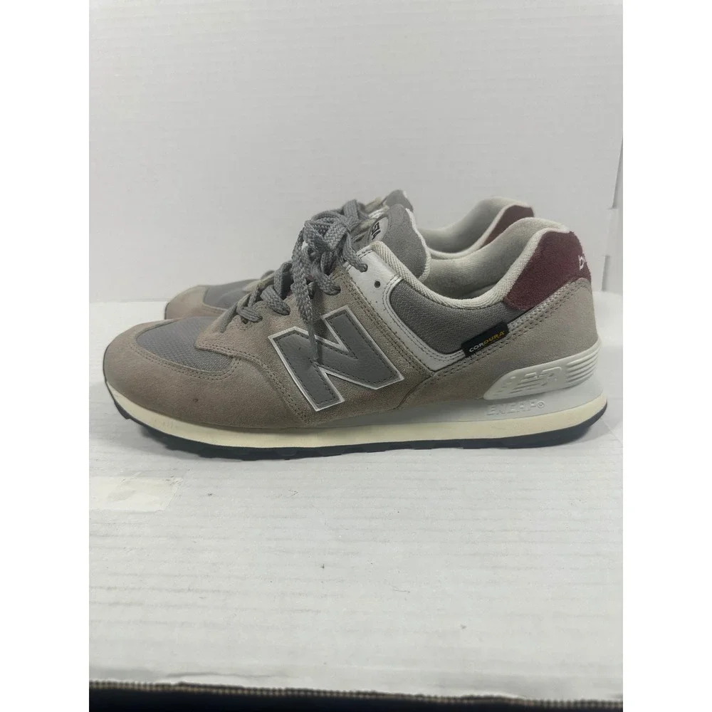 New Balance 574 Grey Burgundy Cordura Suede Sneakers U574KBR Mens 13 Womens 14.5
